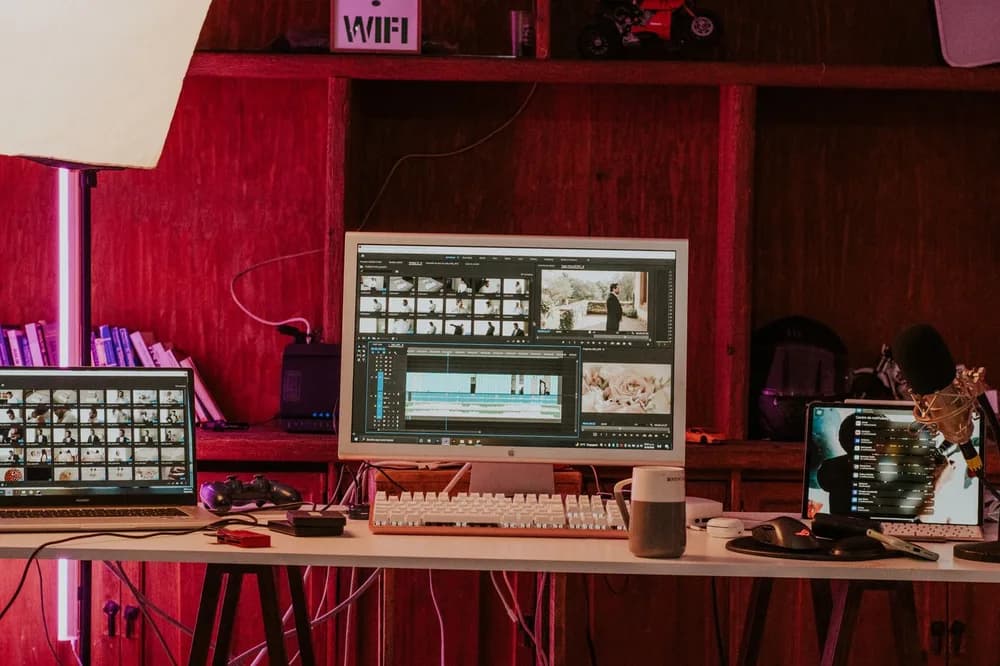 Video editing workstation with footage and a multitrack editing timeline