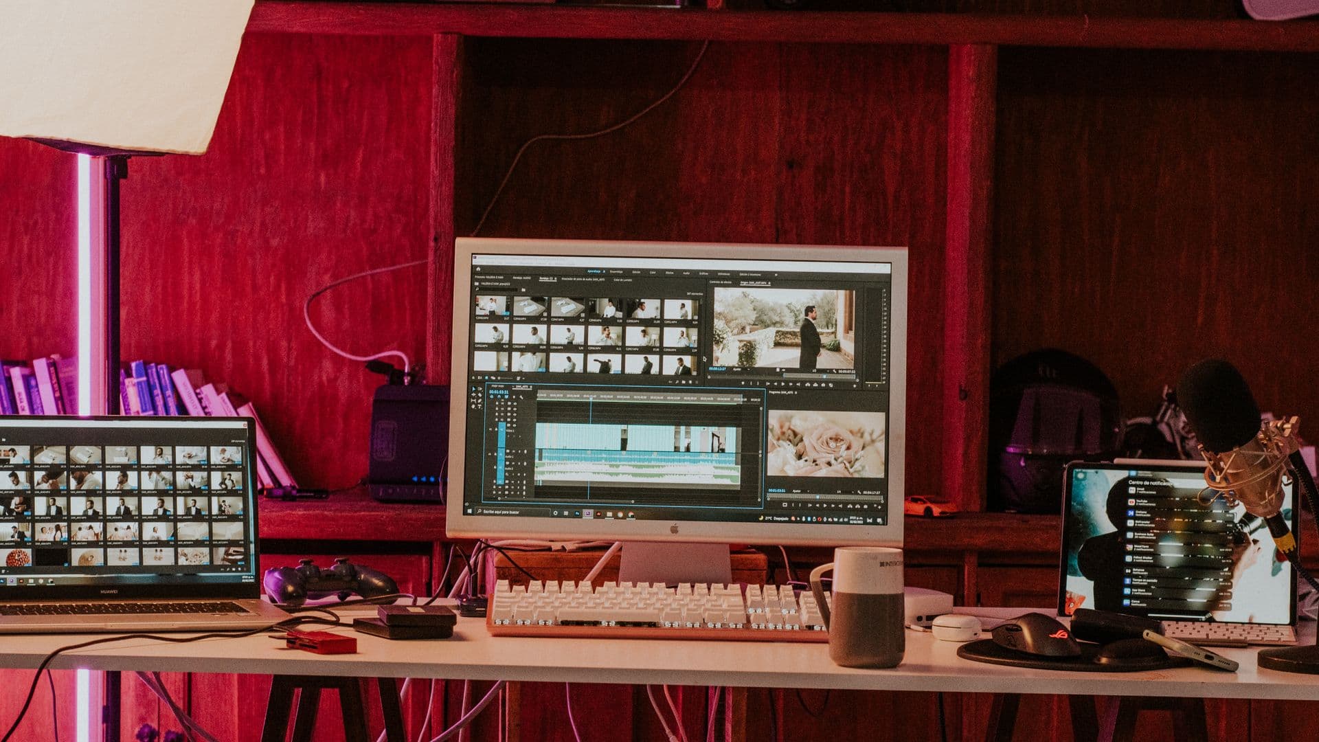 A desktop monitor and laptop show video footage and an editing timeline.